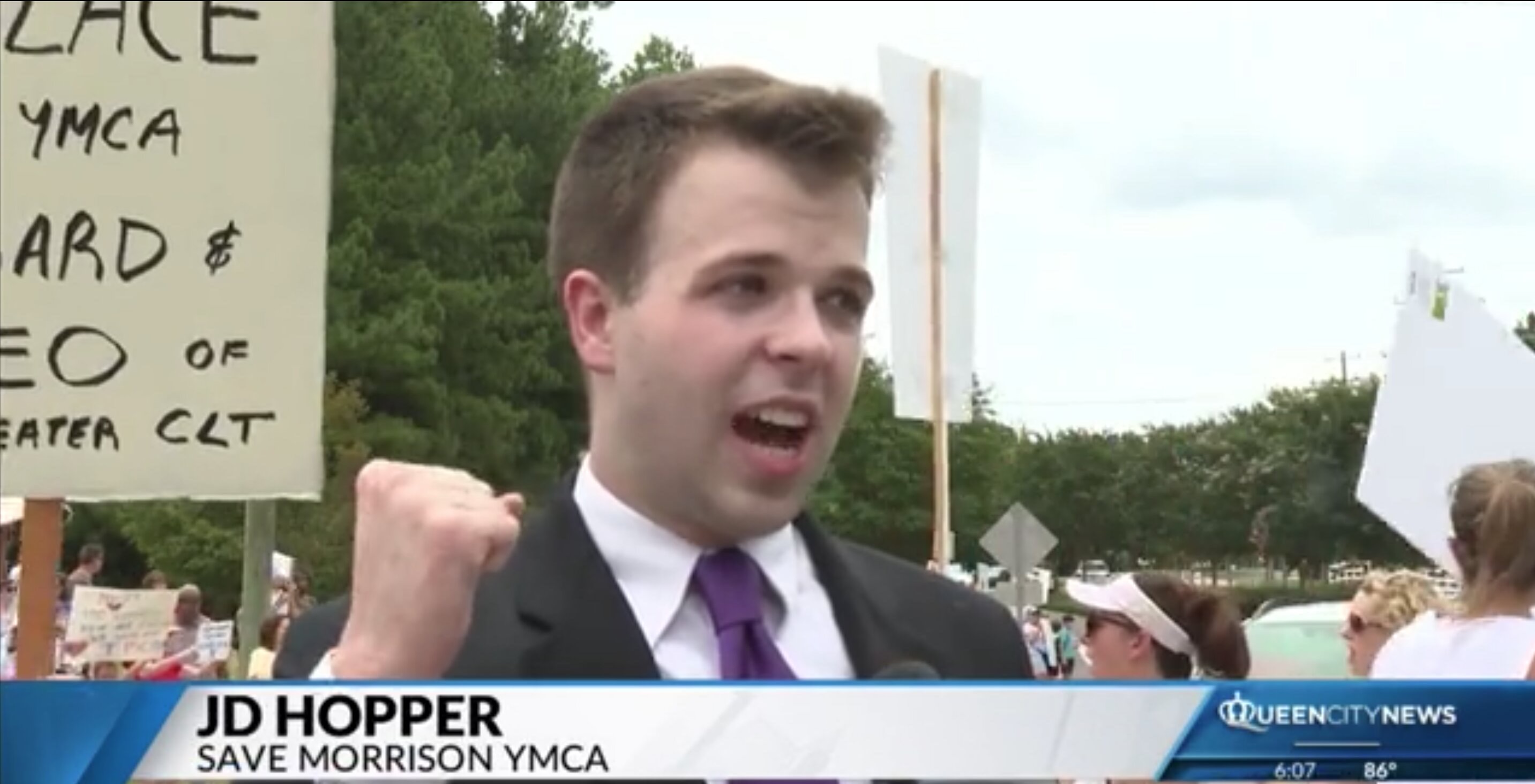 JD Hopper speaking with Queen City News during the Save Morrison rally in Charlotte